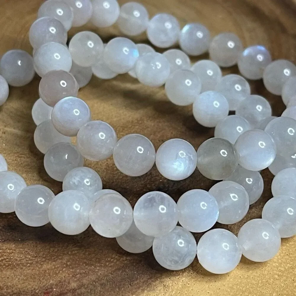 White Moonstone beaded bracelet 7” crystal healing beads 8mm blue flash
